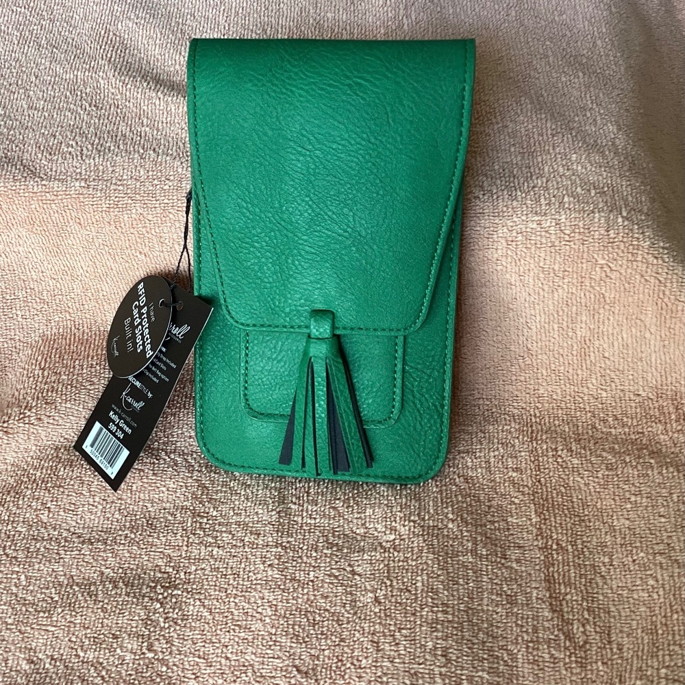 $25 K. Carroll Crossbody Bag. Vegan Leather. RFID protected. Kelly Green. New